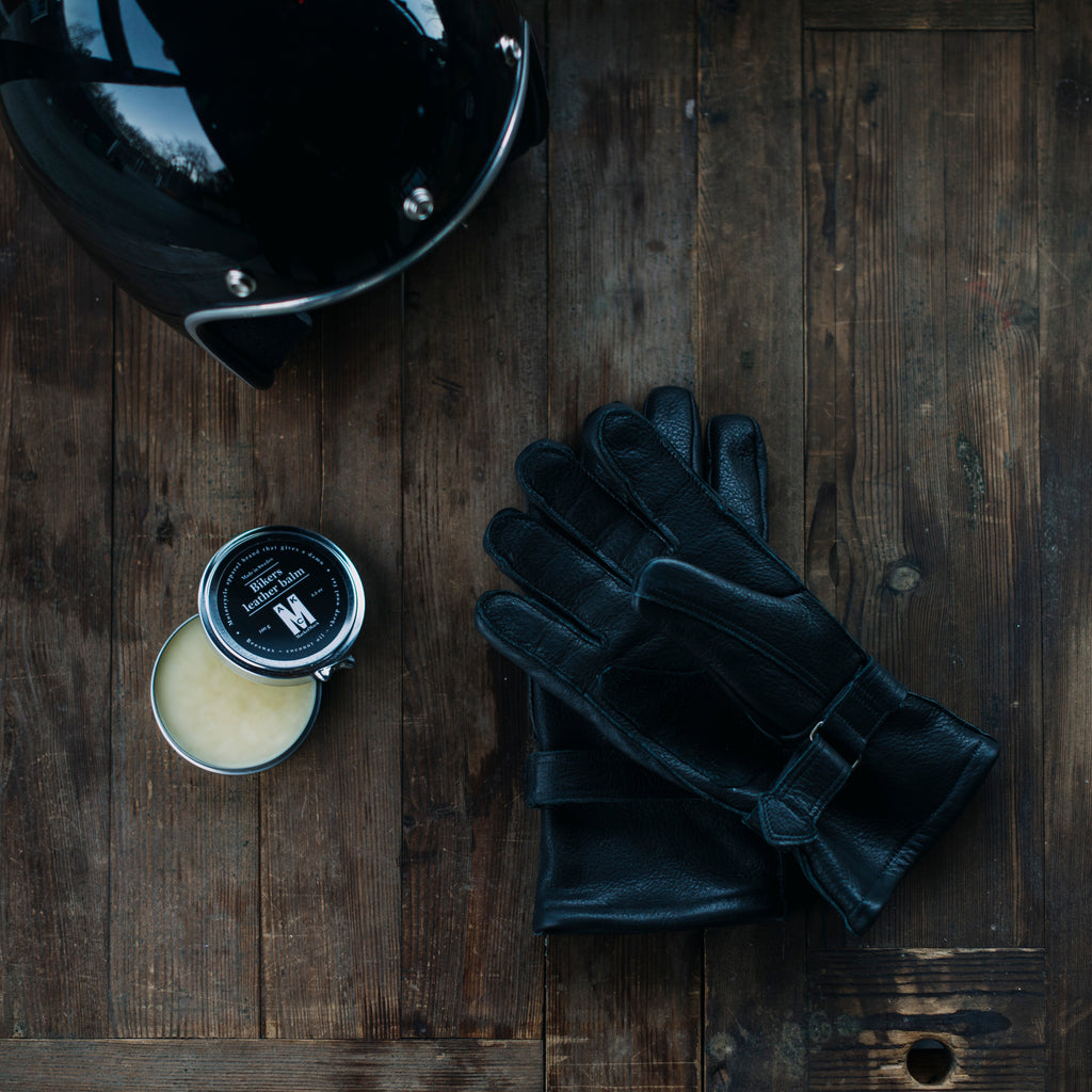 Vegetable tanned leather balm and waterproofer. Vegetable tanned leather motorcycle gloves. 